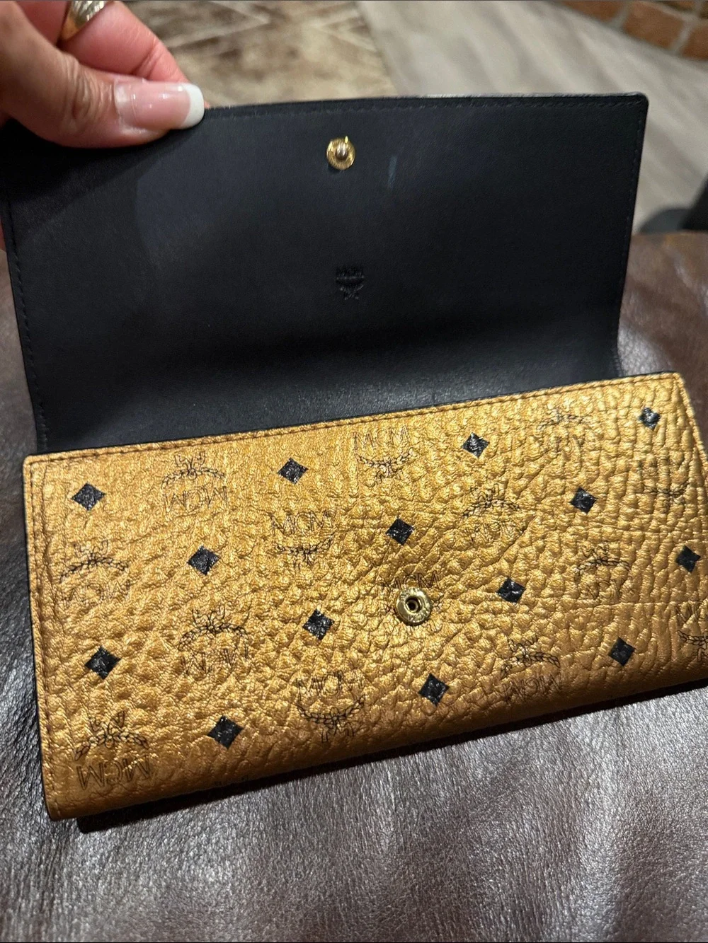 MCM Metallic Gold Logo Fold Wallet